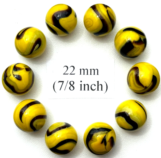 (Lot of 10) BUMBLE BEE Yellow/Black Swirl  Glass Marbles 22mm (7/8 inch) SHOOTER Taw Lot