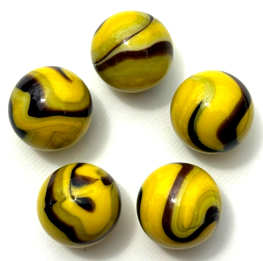 (Lot of 5) BUMBLE BEE Yellow/Black Swirl  Glass Marbles 22mm (7/8 inch) SHOOTER Taw Lot