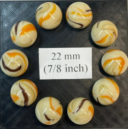 Lot of 10 MORIARTY Beige/Orange/Brown Glass Marbles 22mm (1 inch) shooter