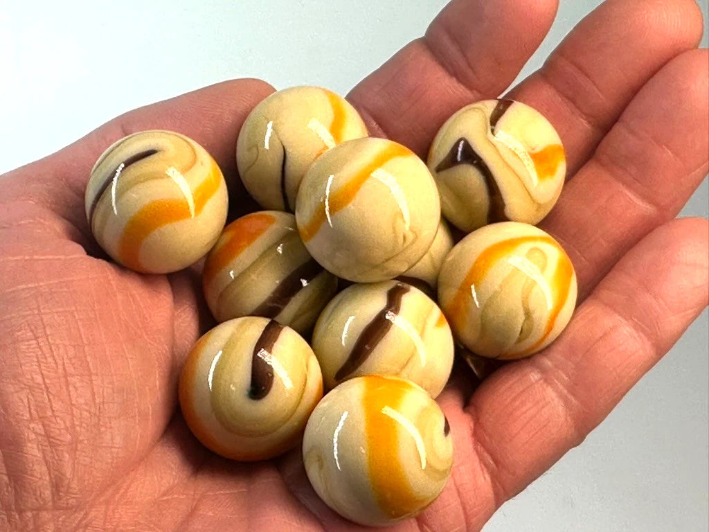Lot of 5 MORIARTY Beige/Orange/Brown Glass Marbles 22mm (1 inch) shooter