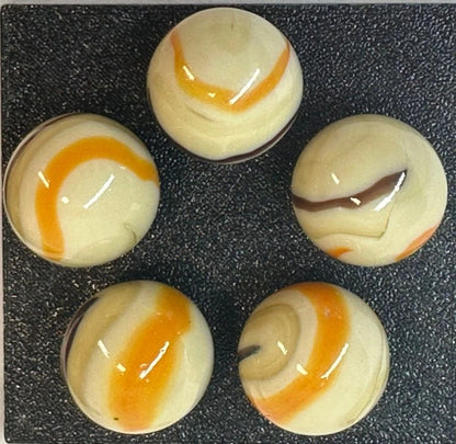 Lot of 5 MORIARTY Beige/Orange/Brown Glass Marbles 22mm (1 inch) shooter