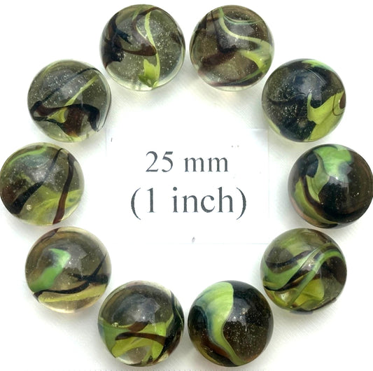 Lot of 10 COMMANDO Clear/Green/Brown Glass Marbles 25mm (1 inch) SHOOTER Taw