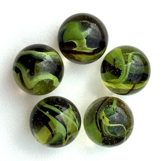 Lot of 5 COMMANDO Clear/Green/Brown Glass Marbles 25mm (1 inch) SHOOTER Taw