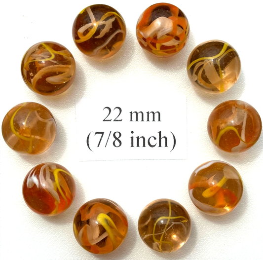 (Lot of 10) FIREFLY Clear Orange/Yellow Swirl Glass Marbles 22mm (7/8 inch) SHOOTER Taw Lot