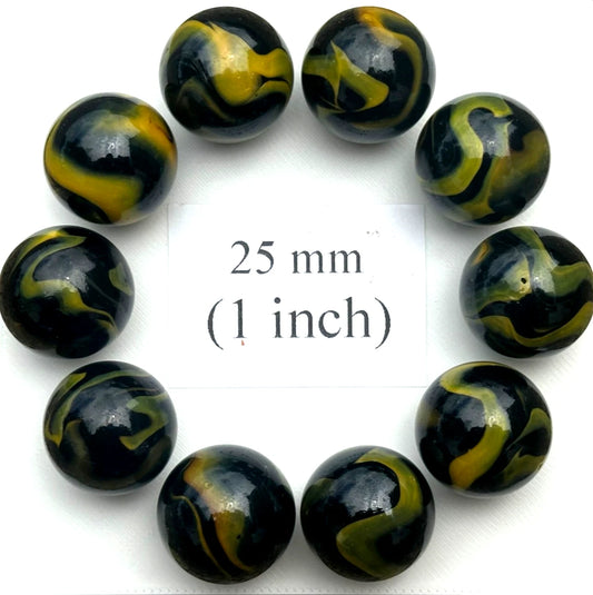 Lot of 5 Poison Dart Frog Black/Yellow Glass Marbles 25mm (1 inch) SHOOTER