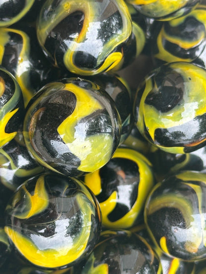 Lot of 5 Poison Dart Frog Black/Yellow Glass Marbles 25mm (1 inch) SHOOTER