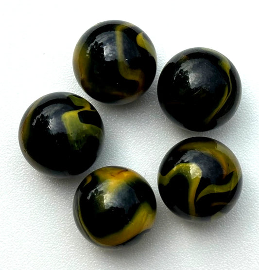 Lot of 5 Poison Dart Frog Black/Yellow Glass Marbles 25mm (1 inch) SHOOTER