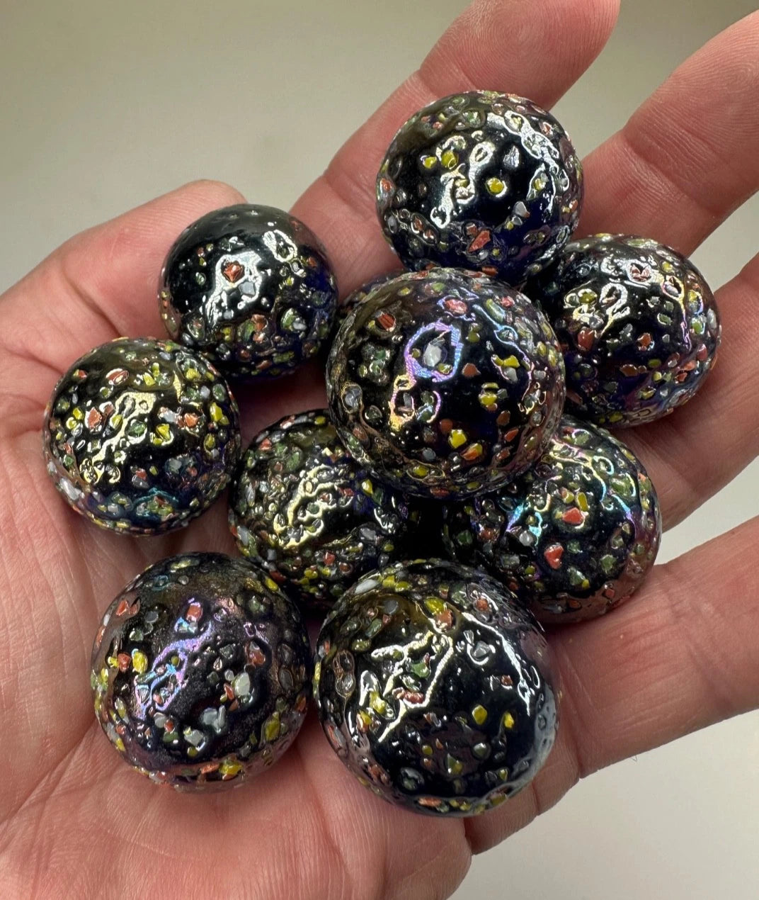 GLITTERBOMB Black/Purple Confetti Glass Marbles 25mm (1 inch) SHOOTER Taw Lot of 5