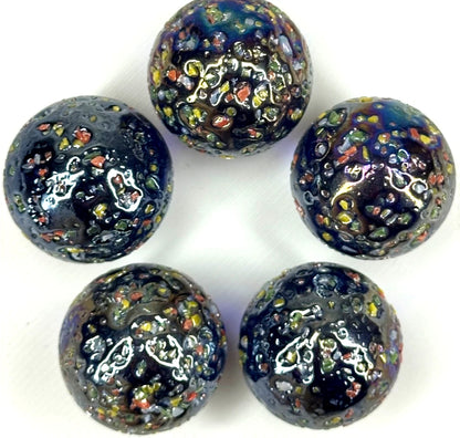 GLITTERBOMB Black/Purple Confetti Glass Marbles 25mm (1 inch) SHOOTER Taw Lot of 5