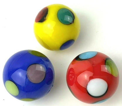 3 DOODLES 16mm Handmade Art Glass Blue Red Yellow Spots/Dots Marbles