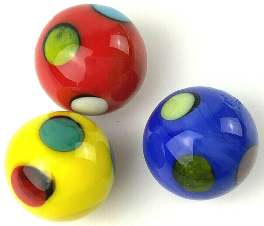 3 DOODLES 16mm Handmade Art Glass Blue Red Yellow Spots/Dots Marbles