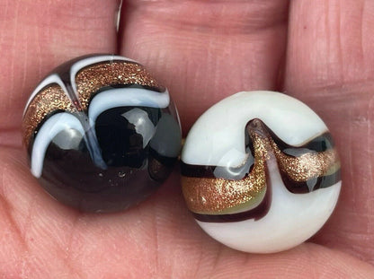 2 INSIGNIA 16mm Handmade Art Glass Black Banded Gold/Copper Lutz White Marbles
