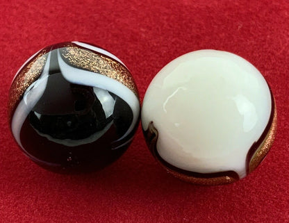 2 INSIGNIA 16mm Handmade Art Glass Black Banded Gold/Copper Lutz White Marbles