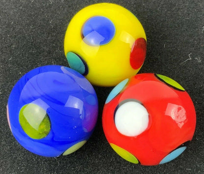 3 DOODLES 16mm Handmade Art Glass Blue Red Yellow Spots/Dots Marbles