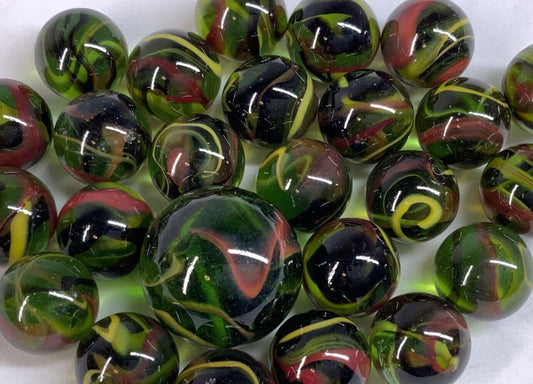 25 Marbles T-REX Green Glass Red Yellow Swirl game pack Shooter