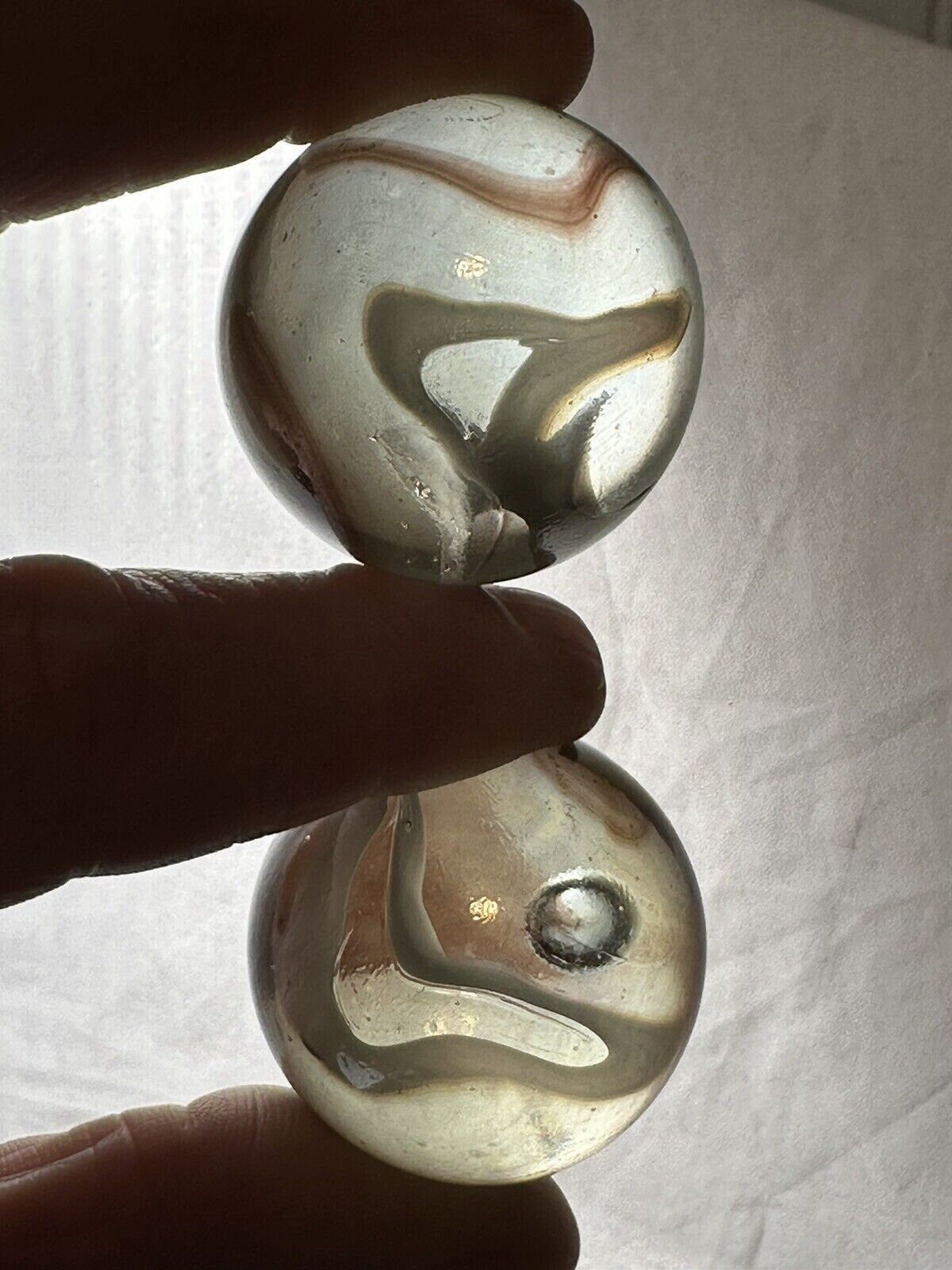 2 boulders 35mm POLAR BEAR Marbles Swirl White/Brown Glass LARGE