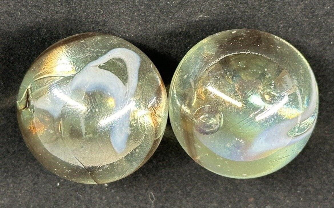 2 boulders 35mm POLAR BEAR Marbles Swirl White/Brown Glass LARGE
