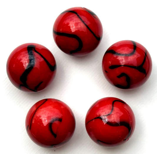 (Lot of 5) LADY BUG Red/Black Swirl  Glass Marbles 22mm (7/8 inch) SHOOTER Taw Lot