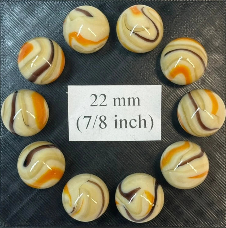 Lot of 10 MORIARTY Beige/Orange/Brown Glass Marbles 22mm (1 inch) shooter