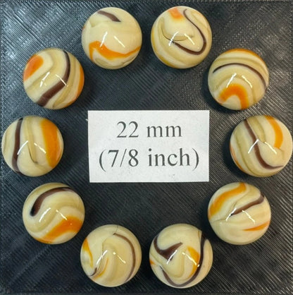 Lot of 10 MORIARTY Beige/Orange/Brown Glass Marbles 22mm (1 inch) shooter