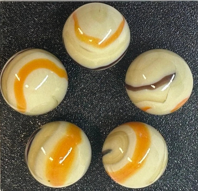 Lot of 5 MORIARTY Beige/Orange/Brown Glass Marbles 22mm (1 inch) shooter