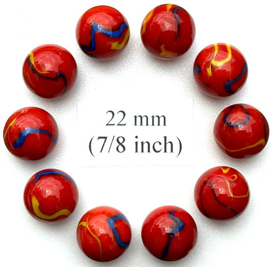 (Lot of 10) ODIN Red/Blue/Yellow Swirl  Glass Marbles 22mm (7/8 inch) SHOOTER Taw Lot