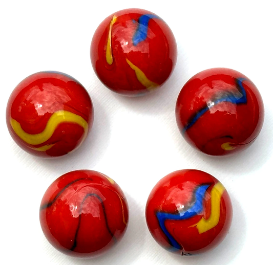 (Lot of 5) ODIN Red/Blue/Yellow Swirl  Glass Marbles 22mm (7/8 inch) SHOOTER Taw Lot