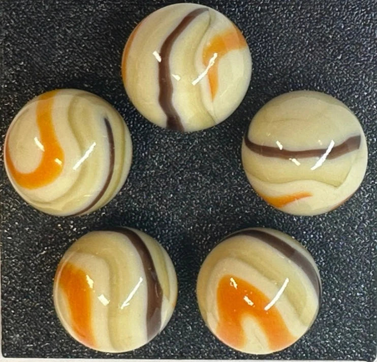 Lot of 5 MORIARTY Beige/Orange/Brown Glass Marbles 22mm (1 inch) shooter