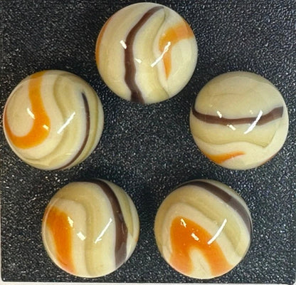 Lot of 5 MORIARTY Beige/Orange/Brown Glass Marbles 22mm (1 inch) shooter