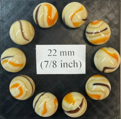 Lot of 10 MORIARTY Beige/Orange/Brown Glass Marbles 22mm (1 inch) shooter
