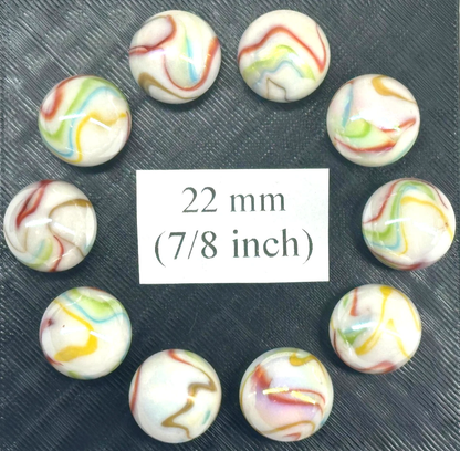 (Lot of 10) PANAMERICAN White/Red/Green/Blue/Yellow Iridescent Glass Marbles 22mm (7/8 inch) SHOOTER Taw Lot