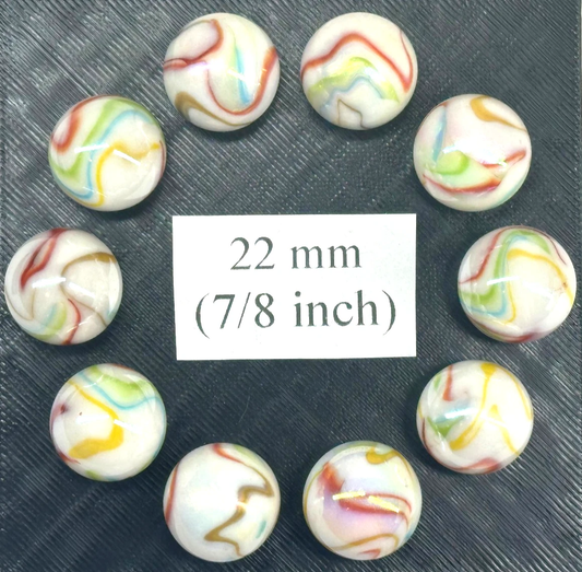(Lot of 10) PANAMERICAN White/Red/Green/Blue/Yellow Iridescent Glass Marbles 22mm (7/8 inch) SHOOTER Taw Lot