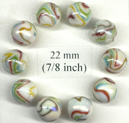 (Lot of 10) PANAMERICAN White/Red/Green/Blue/Yellow Iridescent Glass Marbles 22mm (7/8 inch) SHOOTER Taw Lot