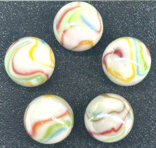 (Lot of 5) PANAMERICAN White/Red/Green/Blue/Yellow Iridescent Glass Marbles 22mm (7/8 inch) SHOOTER Taw Lot