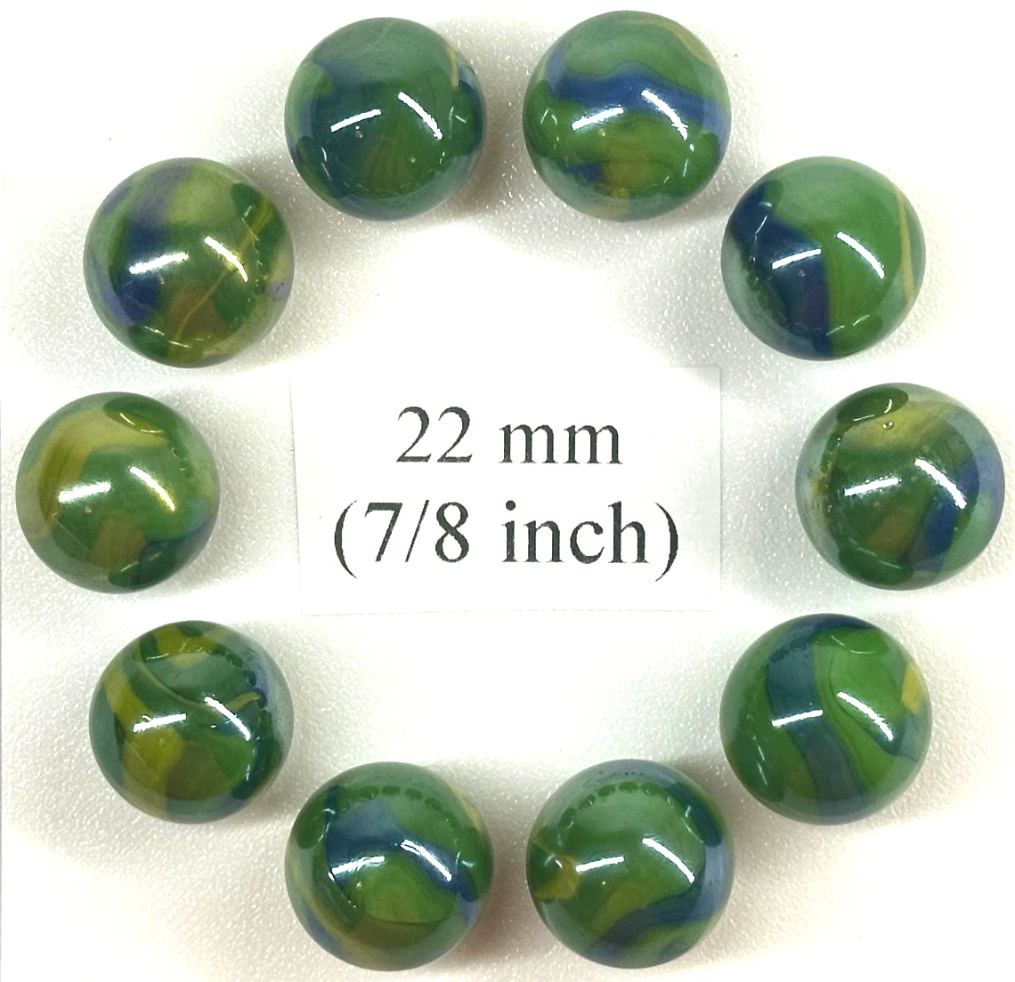 (Lot of 10) PEACOCK Green/Blue/Yellow Iridescent Glass Marbles 22mm (7/8 inch) SHOOTER Taw Lot