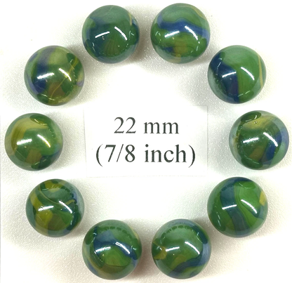 (Lot of 10) PEACOCK Green/Blue/Yellow Iridescent Glass Marbles 22mm (7/8 inch) SHOOTER Taw Lot