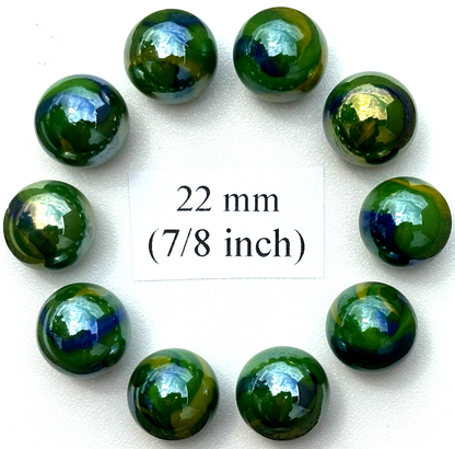 (Lot of 10) PEACOCK Green/Blue/Yellow Iridescent Glass Marbles 22mm (7/8 inch) SHOOTER Taw Lot