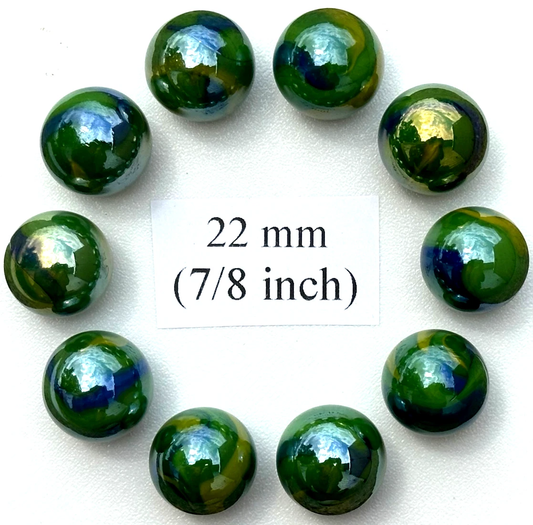 (Lot of 10) PEACOCK Green/Blue/Yellow Iridescent Glass Marbles 22mm (7/8 inch) SHOOTER Taw Lot