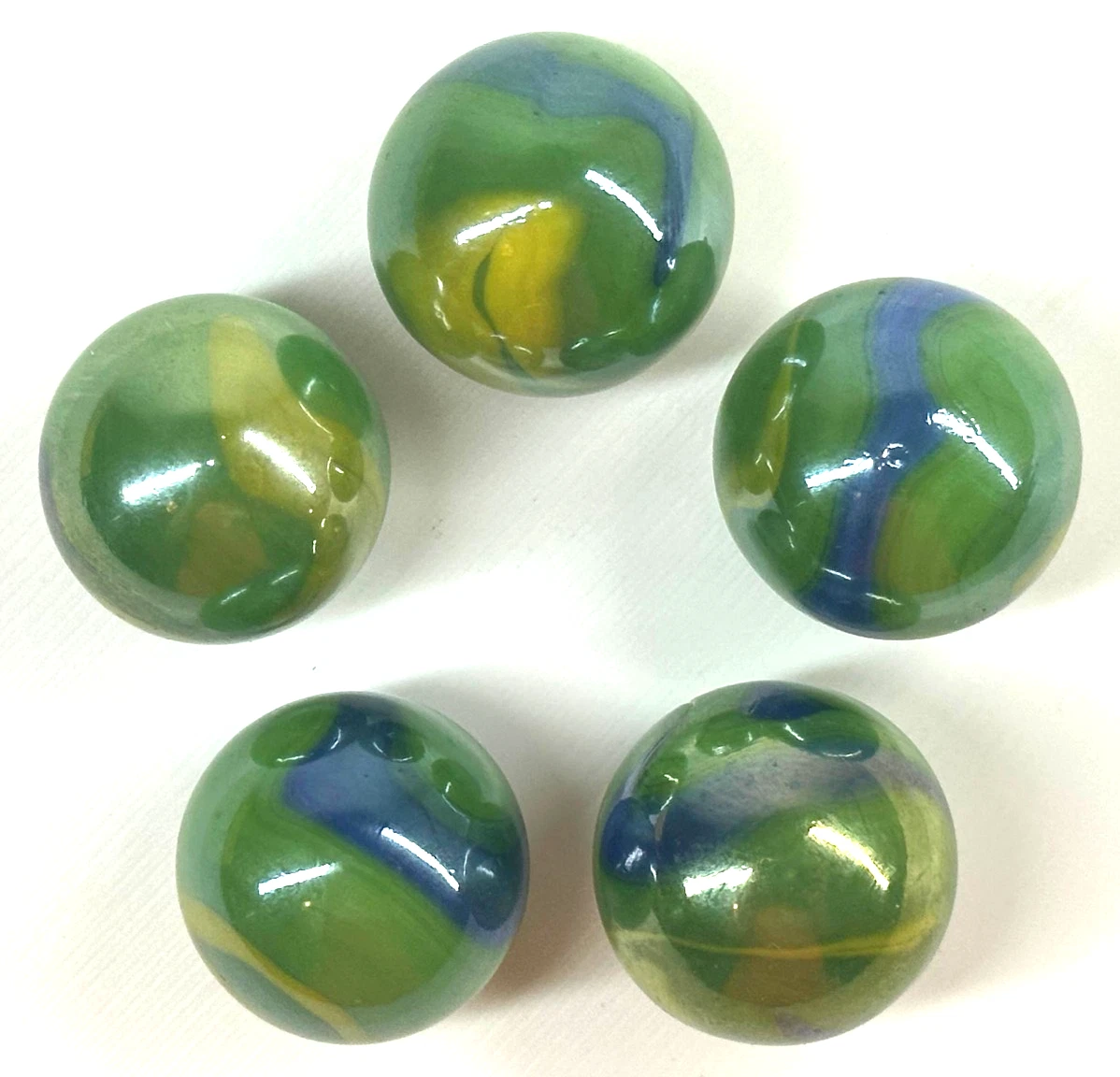 (Lot of 5) PEACOCK Green/Blue/Yellow Iridescent Glass Marbles 22mm (7/8 inch) SHOOTER Taw Lot