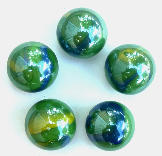 (Lot of 5) PEACOCK Green/Blue/Yellow Iridescent Glass Marbles 22mm (7/8 inch) SHOOTER Taw Lot