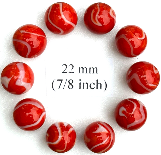 (Lot of 10) RED BEARD Red/White Swirl  Glass Marbles 22mm (7/8 inch) SHOOTER Taw Lot