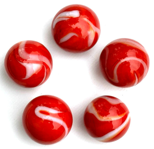 (Lot of 5) RED BEARD Red/White Swirl  Glass Marbles 22mm (7/8 inch) SHOOTER Taw Lot