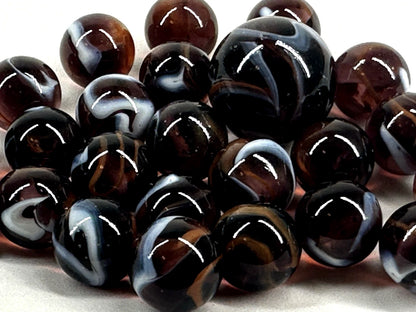 25 Glass Marbles ROCKET Brown/White Transparent Taw Mib Shooter
