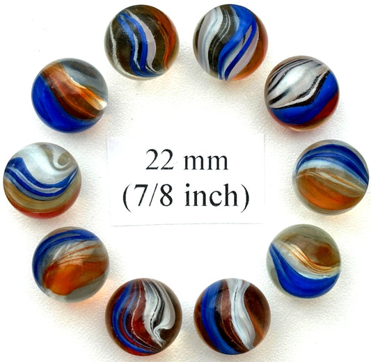 (Lot of 10) Red White Blue Cat's Eye Glass Marbles 22mm (7/8 inch) SHOOTER Taw Lot