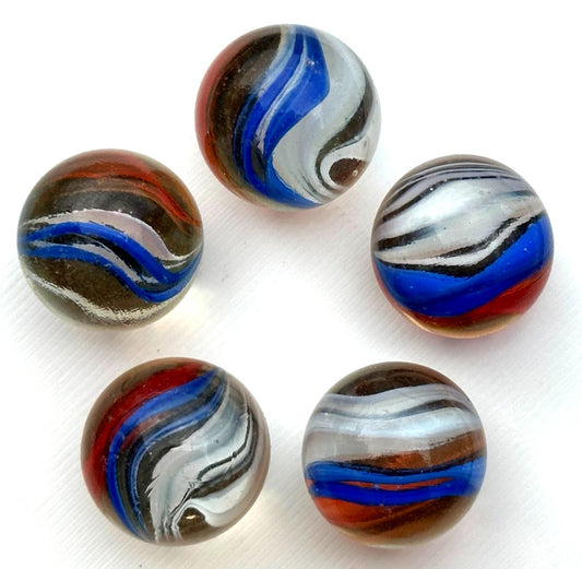 (Lot of 5) Red White Blue Cat's Eye Glass Marbles 22mm (7/8 inch) SHOOTER Taw Lot