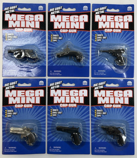 (lot of 6) MEGA MINI Cap Gun KeyChain Derringer,luger 9mm, 1911 Colt 45 Die-cast