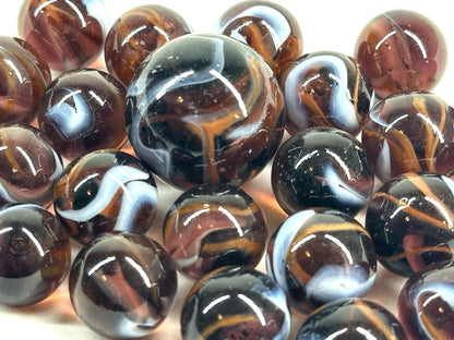 25 Glass Marbles ROCKET Brown/White Transparent Taw Mib Shooter