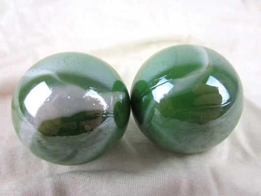 2 Boulders 35mm (1 3/8") FUNGUS Marbles glass ball Green White Iridescent large Swirl