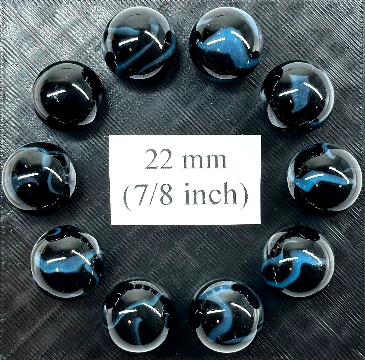 (Lot of 10) SAMURAI Black/Blue Swirl Glass Marbles 22mm (7/8 inch) SHOOTER Taw Lot