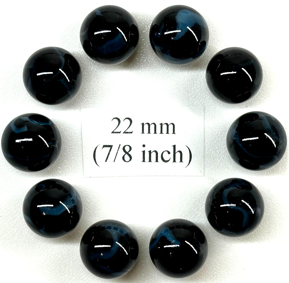 (Lot of 10) SAMURAI Black/Blue Swirl Glass Marbles 22mm (7/8 inch) SHOOTER Taw Lot